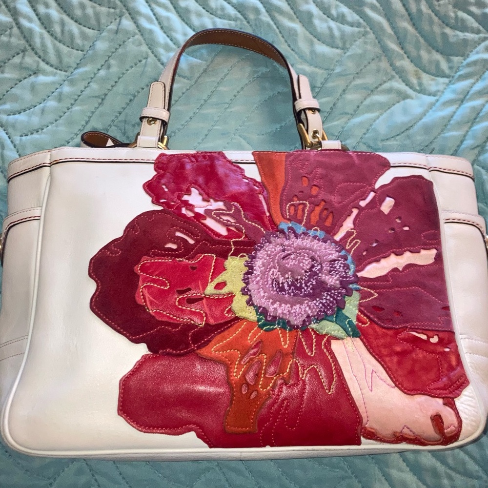 Coach Poppies for Peace White Bag with Multicolor Floral Design/LE/retired